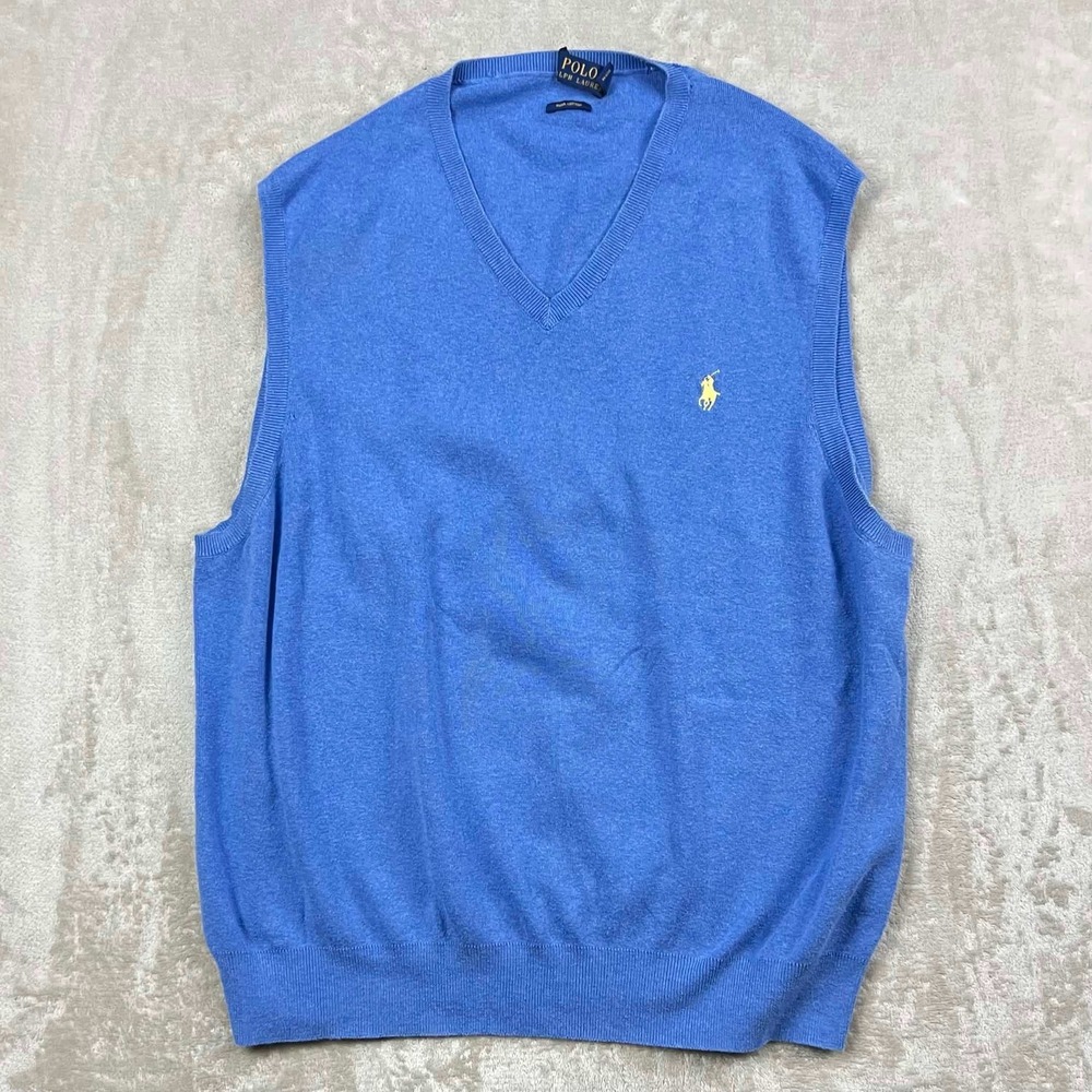 Polo Ralph Lauren Blue Pima Cotton V-Neck Sweater Vest Mens XL Yellow Pony Logo